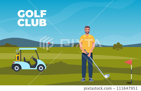 Man playing golf. Golfer with golf club on green grass, bag with professional equipment and driving cart, sport game outdoor concept. Summer hobby and recreation. Vector illustration. Man playing golf. Golfer with golf club on green grass, bag with professional equipment and driving cart, sport game outdoor concept. Summer hobby and recreation. Vector illustration. 111647951