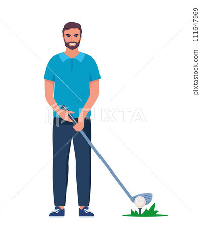 Golf player isolated. Young Man in Uniform Playing Golf on Course with Green Grass. Man holding golf club and preparing to hit the ball. Vector Illustration. 111647969