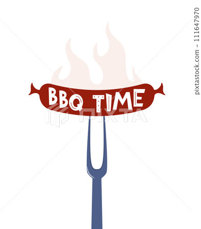 Sausage on a fork, BBQ Time lettering. Grilled sausage. Poster template for invitation to a party. Vector illustration. 111647970
