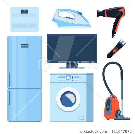 Home appliance set. Household electric devices collection. Refrigerator, washing machine, TV, iron, scale, hairdryer. Domestic equipment. House electronics. Vector illustration. 111647973