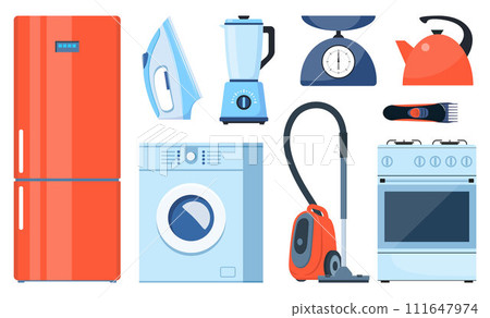 Home appliance set. Household electric devices collection. Refrigerator, stove, coffee machine, washing machine, vacuum cleaner, iron, blender, kettle, scale. Domestic equipment. Vector illustration. Home appliance set. Household electric devices collection. Refrigerator, stove, coffee machine, washing machine, vacuum cleaner, iron, blender, kettle, scale. Domestic equipment. Vector illustration. 111647974