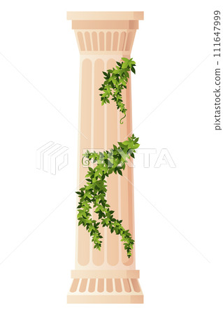 Ancient ivy covered column. Museum and exhibition. Cartoon greek or roman pillar with climbing ivy branches. Antique foliage decorated element. Cartoon flat vector isolated on white 111647999