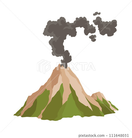 Volcano icon. Magma nature blowing up with smoke. An awakened vulcan activity, smoke element. Volcano eruption. Flat cartoon vector isolated illustration 111648031