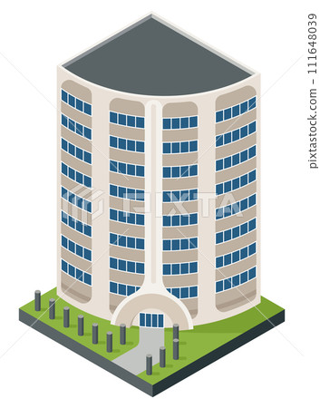 Isometric offices or business center icon. Town apartment building city map creation. Architectural vector 3d illustration. Infographic element. City house composition 111648039