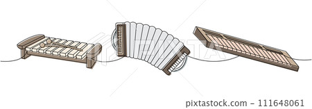 Set of musical instruments one line colored continuous drawing. Wooden xylophone, accordion, synthesizer piano continuous one line illustration 111648061