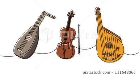 Musical instruments collection one line colored continuous drawing. Lute, violin, bandura continuous one line illustration. Vector linear illustration 111648063