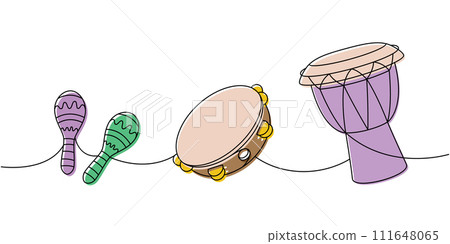 Drum musical instruments one line colored continuous drawing. Djembe drum, bongo, maracas continuous one line illustration. Vector linear illustration Drum musical instruments one line colored continuous drawing. Djembe drum, bongo, maracas continuous one line illustration. Vector linear illustration 111648065