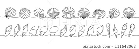 Sea shells set. Sea shells, mollusks, scallop, pearls. Tropical underwater shells continuous one line illustration. Vector minimalist illustration. Sea shells set. Sea shells, mollusks, scallop, pearls. Tropical underwater shells continuous one line illustration. Vector minimalist illustration. 111648068