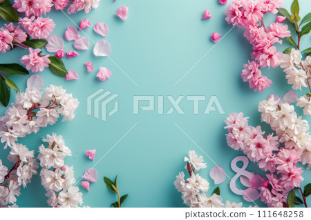 Elegant March 8th banner adorned with flowers and feminine elements, providing ample copyspace. Elegant March 8th banner adorned with flowers and feminine elements, providing ample copyspace. 111648258