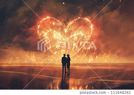 AI-generated content. Silhouette of a couple watching a grand heart-shaped fireworks display, a romantic scene fitting for Valentine's Day events or celebration-themed marketing. AI-generated content. Silhouette of a couple watching a grand heart-shaped fireworks display, a romantic scene fitting for Valentine's Day events or celebration-themed marketing. 111648262