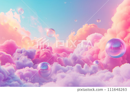 AI-generated content. Surreal pastel cloudscape with transparent bubbles floating amidst fluffy clouds, ideal for dreamy backgrounds or imaginative graphic designs. AI-generated content. Surreal pastel cloudscape with transparent bubbles floating amidst fluffy clouds, ideal for dreamy backgrounds or imaginative graphic designs. 111648263