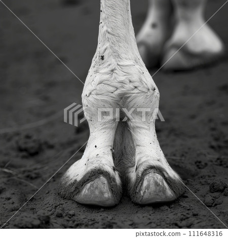 Detailed close-up of a camel's foot, showcasing the unique texture and structure.  111648316