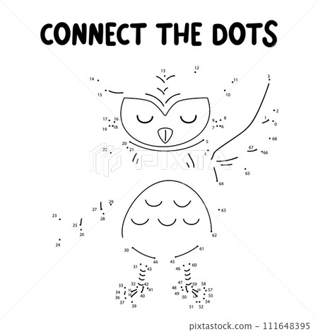 Connect the dots game. Owl printable worksheet for kids. Can be used as children coloring book. Stock vector illustration isolated on white in black outline style. 111648395