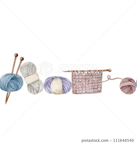 border with knitting ball of yarn, single pointed needle, knitting fabric, watercolor illustration, hand draw, banner 111648540