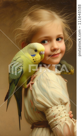 AI-generated content. Portrait of a young girl, gently cradling two parakeet birds on her shoulders AI-generated content. Portrait of a young girl, gently cradling two parakeet birds on her shoulders 111648588