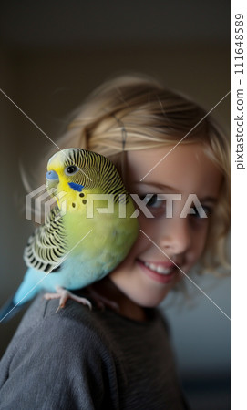 AI-generated content. Portrait of a young girl, gently cradling a parakeet bird on her shoulder 111648589
