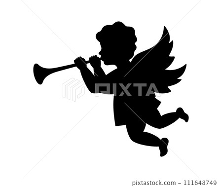 Cherub blowing trumpet. Cherub silhouette. Valentine's day. Love symbol. Vector illustration. Cherub blowing trumpet. Cherub silhouette. Valentine's day. Love symbol. Vector illustration. 111648749