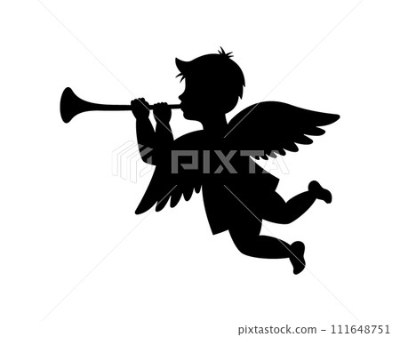 Cherub blowing trumpet. Cherub silhouette. Valentine's day. Love symbol. Vector illustration. Cherub blowing trumpet. Cherub silhouette. Valentine's day. Love symbol. Vector illustration. 111648751