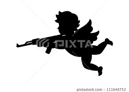 Cupid with machine gun. Cherub silhouette. Valentine's day. Love symbol. Vector illustration. 111648752