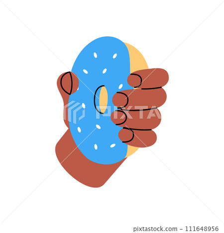 Hand holding a donut. Bakery sweet pastry food. Vector illustration. Hand holding a donut. Bakery sweet pastry food. Vector illustration. 111648956