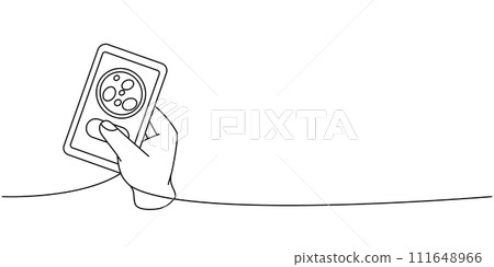 Hand holding a phone with pizza app one line continuous drawing. Traditional italian fast food continuous one line illustration. Vector illustration. Hand holding a phone with pizza app one line continuous drawing. Traditional italian fast food continuous one line illustration. Vector illustration. 111648966