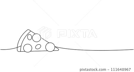 Pizza slice with ingredients one line continuous drawing. Traditional italian fast food continuous one line illustration. Vector linear illustration. Pizza slice with ingredients one line continuous drawing. Traditional italian fast food continuous one line illustration. Vector linear illustration. 111648967