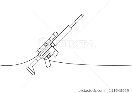 Sniper rifle, tactical assault rifle one line continuous drawing. Various modern weapons continuous one line illustration. Vector linear illustration. Sniper rifle, tactical assault rifle one line continuous drawing. Various modern weapons continuous one line illustration. Vector linear illustration. 111648969