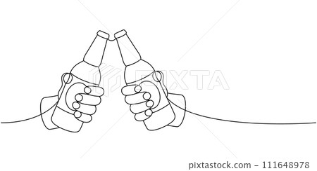 Hands holding beer bottles one line continuous drawing. Beer pub products continuous one line illustration. Vector linear illustration. Hands holding beer bottles one line continuous drawing. Beer pub products continuous one line illustration. Vector linear illustration. 111648978