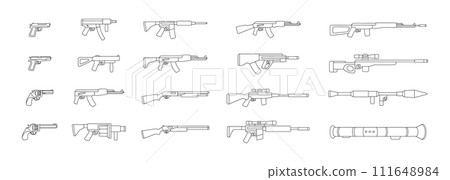 Military weapons silhouettes. Grenade launcher, assault rifle AK 47, tactical assault rifles. Vector illustration. Military weapons silhouettes. Grenade launcher, assault rifle AK 47, tactical assault rifles. Vector illustration. 111648984