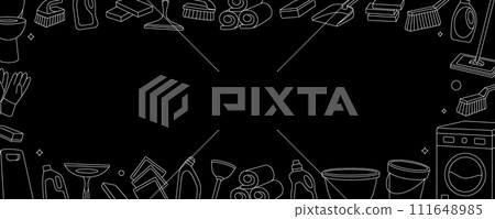 Housekeeping horizontal banner. Toilet, floor mop, bucket, plunger, scoop, sponges, brushes, cleaners, towels, rags, gloves. Cleaning service tools. Housekeeping horizontal banner. Toilet, floor mop, bucket, plunger, scoop, sponges, brushes, cleaners, towels, rags, gloves. Cleaning service tools. 111648985