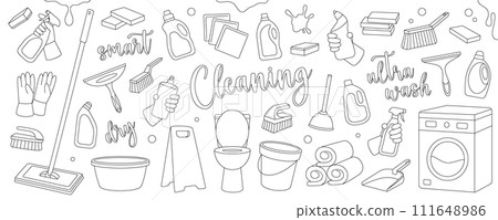 Housekeeping set. Toilet, floor mop, bucket, plunger, scoop, sponges, washcloths, brushes, cleaners, towels, rags, gloves. Cleaning service tools. Housekeeping set. Toilet, floor mop, bucket, plunger, scoop, sponges, washcloths, brushes, cleaners, towels, rags, gloves. Cleaning service tools. 111648986