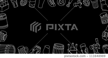 Beer horizontal banner. Wooden barrels, cans, mugs, metal keg, bottle opener, sausages, tap, hop cone. Brewing process, brewery factory production. 111648989