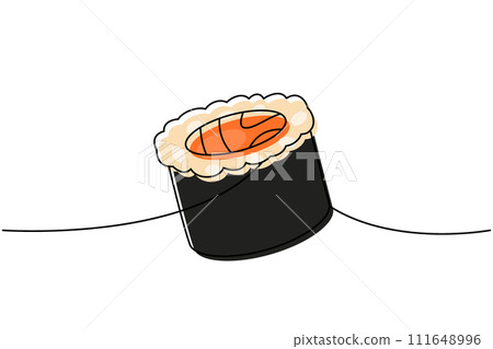 Futomaki, tekkamaki roll one line colored continuous drawing. Japanese cuisine, traditional food continuous one line illustration. Futomaki, tekkamaki roll one line colored continuous drawing. Japanese cuisine, traditional food continuous one line illustration. 111648996