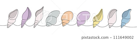 Scallop sea shells set. Sea shells, mollusks, scallop, pearls. Tropical underwater shells continuous one line illustration. 111649002
