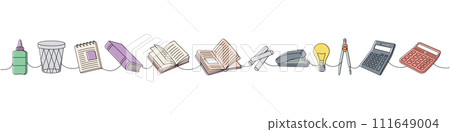 School supplies set one line colored continuous drawing. Books, glue, trash can, notebook, calculators, chalk pencil, crayons, office stapler 111649004