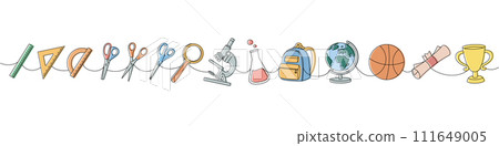 School supplies one line drawing. Back to school. Scissors, ruler scale, schoolbag, globe, basketball ball, magnifying glass, microscope, test tubes 111649005