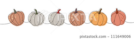 Halloween pumpkins. Set of pumpkins one line colored continuous drawing. Autumn halloween vegetables continuous one line illustration. 111649006
