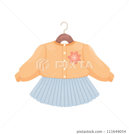 Trendy baby clothes for girls. Jacket and skirt are on hanger. Vector illustration isolated 111649054