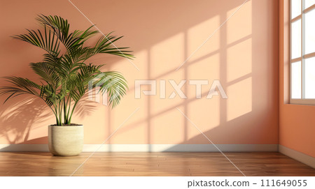 AI-generated content. The painted soft peach wall background with copy space, a serene and minimalist interior featuring a lush green palm plant housed in a textured, beige pot, natural light AI-generated content. The painted soft peach wall background with copy space, a serene and minimalist interior featuring a lush green palm plant housed in a textured, beige pot, natural light 111649055