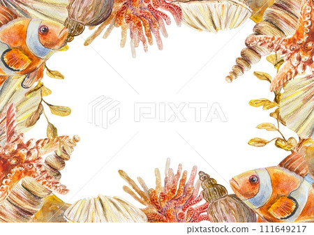 Frame with watercolor starfish, shells, fish. Illustration isolated on a white background. Cards, sea banners, labels, templates, invitations. Frame with watercolor starfish, shells, fish. Illustration isolated on a white background. Cards, sea banners, labels, templates, invitations. 111649217