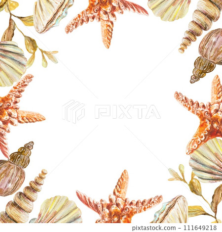 Frame with starfish, shells, corals. Illustration isolated on a white background. Cards, sea banners, labels, aquarium templates, invitations. 111649218