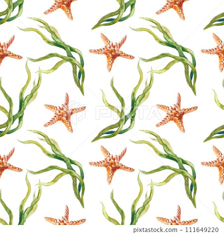 Starfish watercolor pattern. Seamless pattern isolated on white background. Cards, labels, wrapping paper, fabric, covers, clothing, textiles. Starfish watercolor pattern. Seamless pattern isolated on white background. Cards, labels, wrapping paper, fabric, covers, clothing, textiles. 111649220