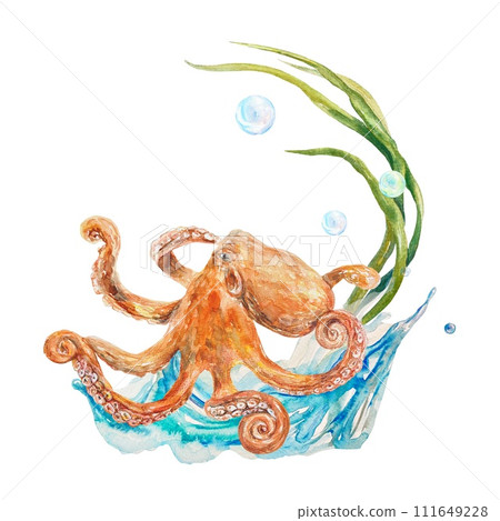 Octopus on a wave watercolor. Illustration on a marine theme, isolated on a white background. Cards, banners, labels, aquarium templates, invitations. Octopus on a wave watercolor. Illustration on a marine theme, isolated on a white background. Cards, banners, labels, aquarium templates, invitations. 111649228