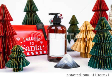 New Year's background for a product or card. Colored Christmas trees, Santa Claus mailbox. New Year's background for a product or card. Colored Christmas trees, Santa Claus mailbox. 111649371
