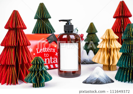 New Year's background for a product or card. Colored Christmas trees, Santa Claus mailbox. New Year's background for a product or card. Colored Christmas trees, Santa Claus mailbox. 111649372