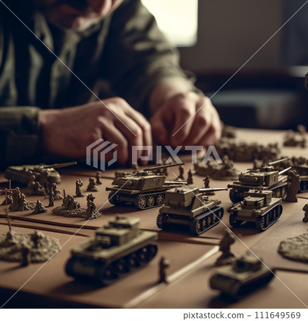 Warfare, strategy, planning, militarization, conquest, army, man at table playing with toy soldiers and tanks 111649569