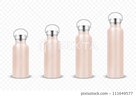 Vector Realistic 3d Pink Color Metal or Plastic Blank Glossy Reusable Water Bottle Set with Silver Bung Closeup Isolated on White Background. Design Template of Packaging Mockup. Front View 111649577