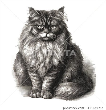 Persian cat, retro engraving style, close-up portrait, black and white drawing, cute fluffy kitten, favorite pet 111649744