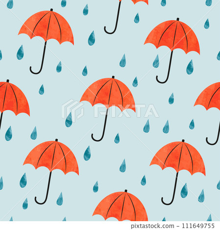 Seamless umbrellas and rain drops pattern. Watercolor Autumn background Seamless umbrellas and rain drops pattern. Watercolor Autumn background 111649755