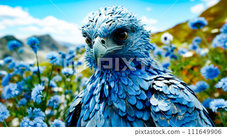 Close up of blue bird in field of flowers with mountains in the background. 111649906